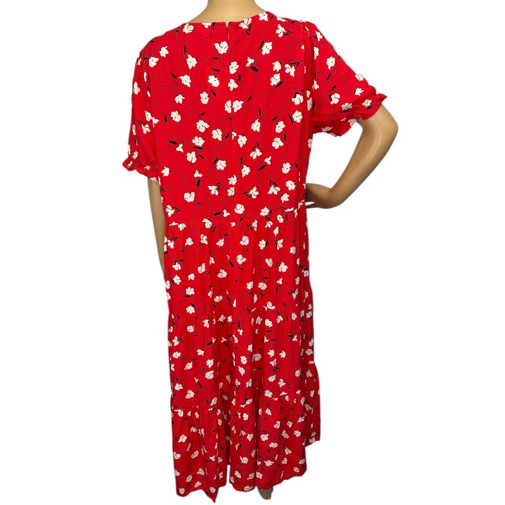 J. Crew Floral Puff-Sleeve Tiered Midi Dress Red BF865 Size L - Picture 8 of 14